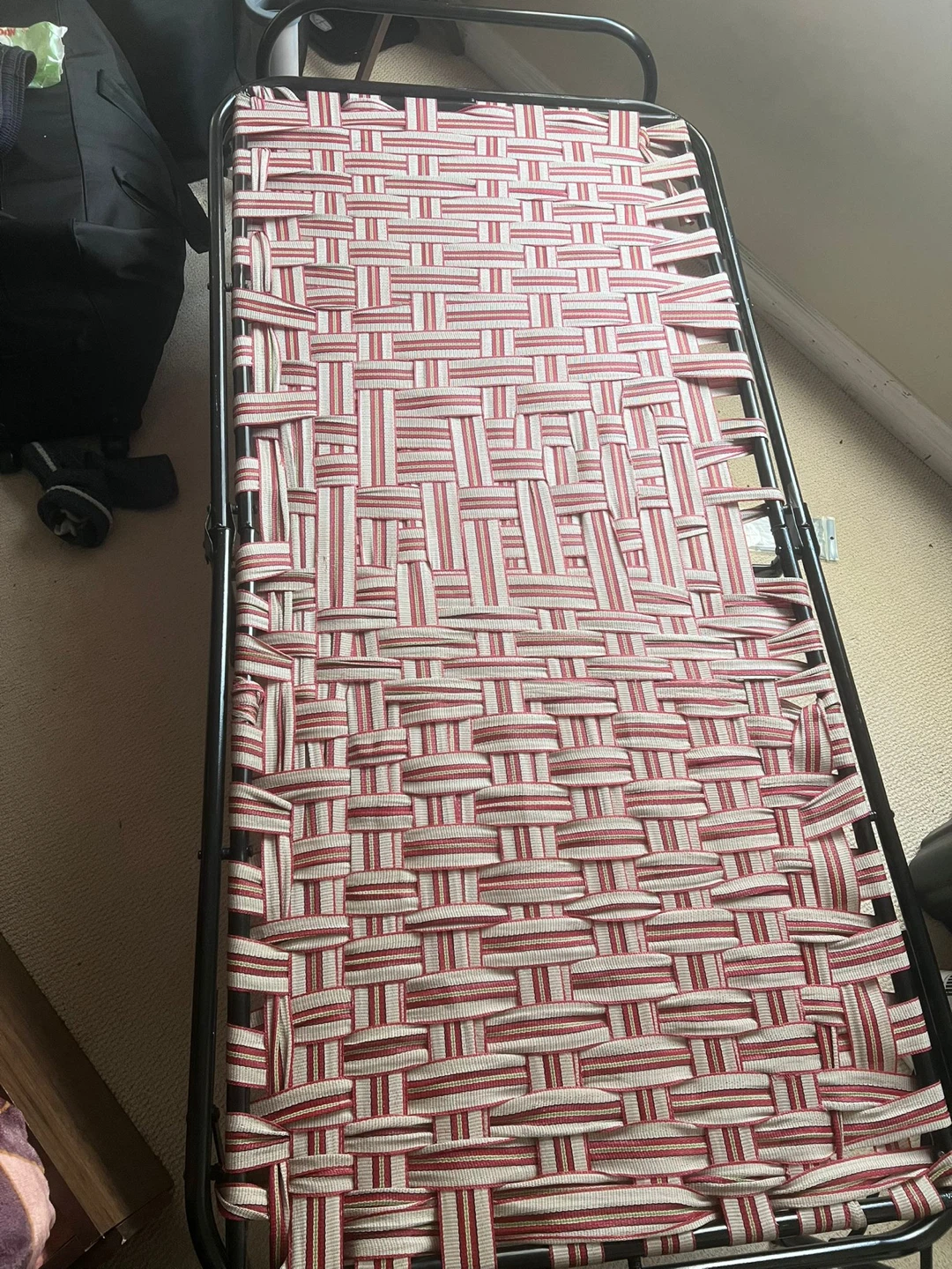 Folding Cot Bed with Red and White Stripe Webbing