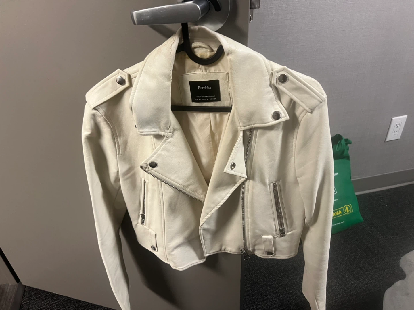 Bershka Cream Faux Leather Biker Jacket