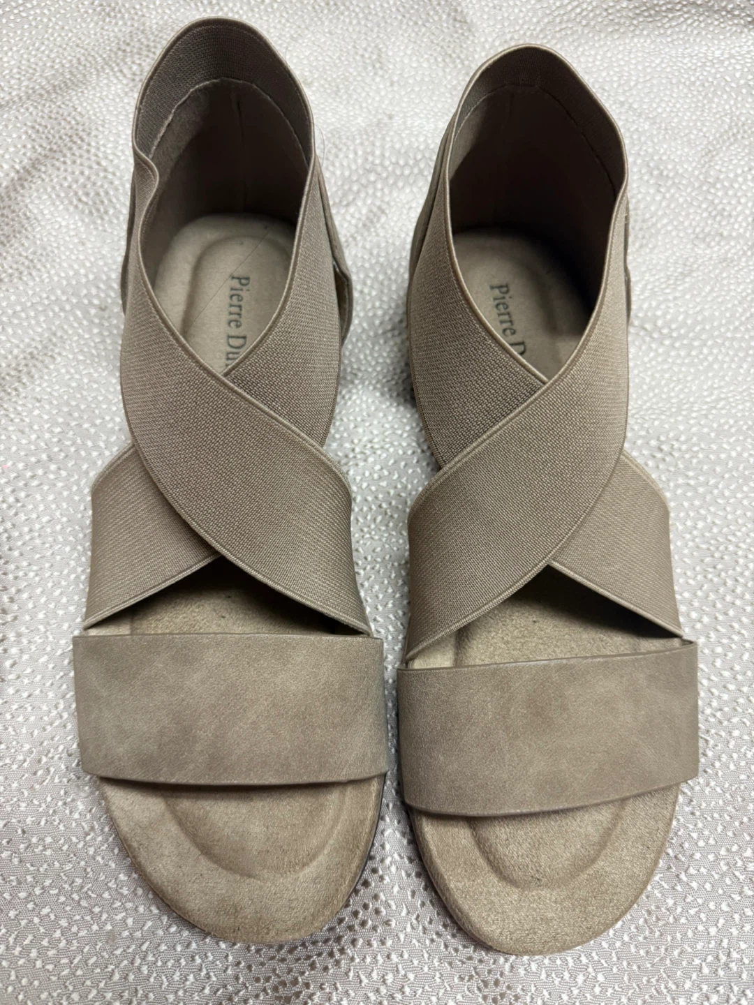 Brand New Pierre Dumas Taupe Elastic Strap Wedge Sandals Size 8