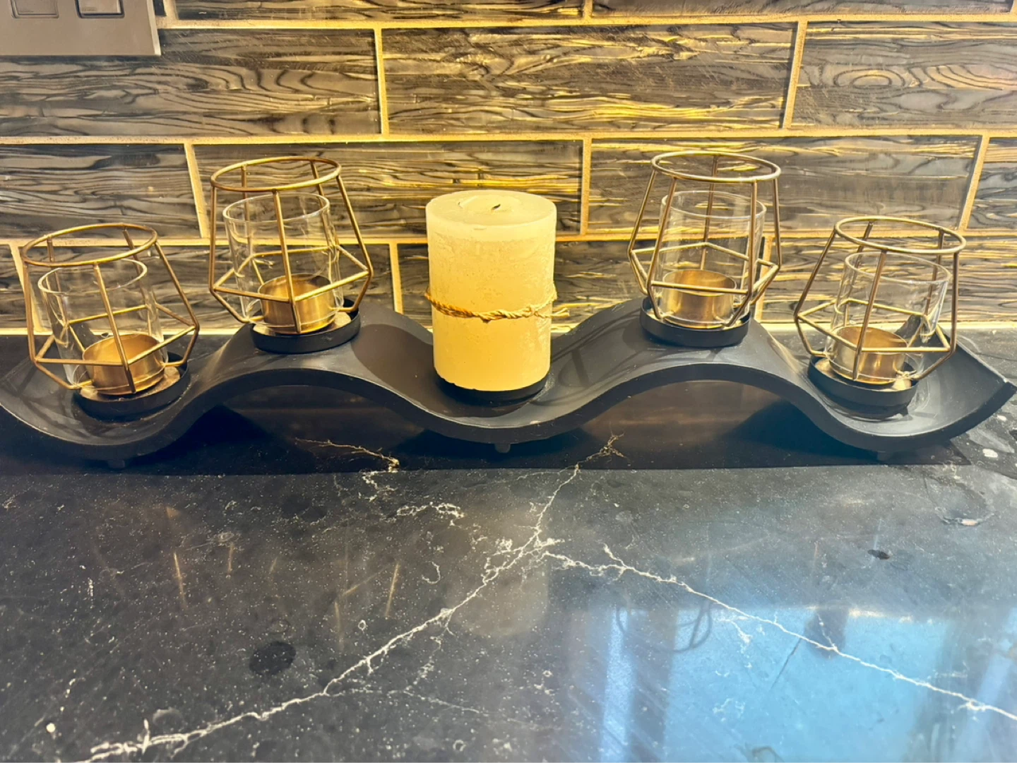 Modern Black Gold 5 Candle Holder Centerpiece Glass Votive Set!!