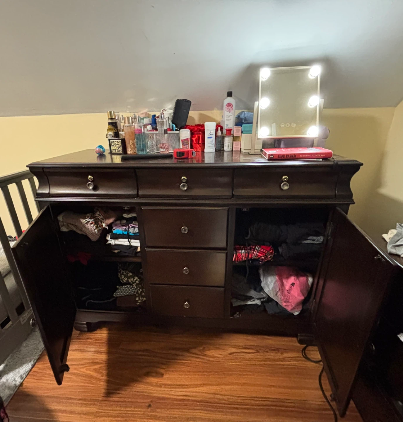 Dark Wood Dresser with Drawers and Cabinets