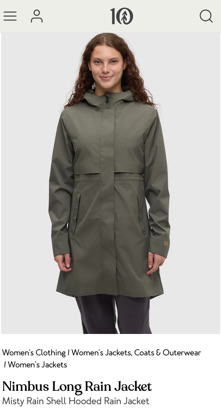 Ten Tree Nimbus Long Rain Jacket - Urban Green - Size XS