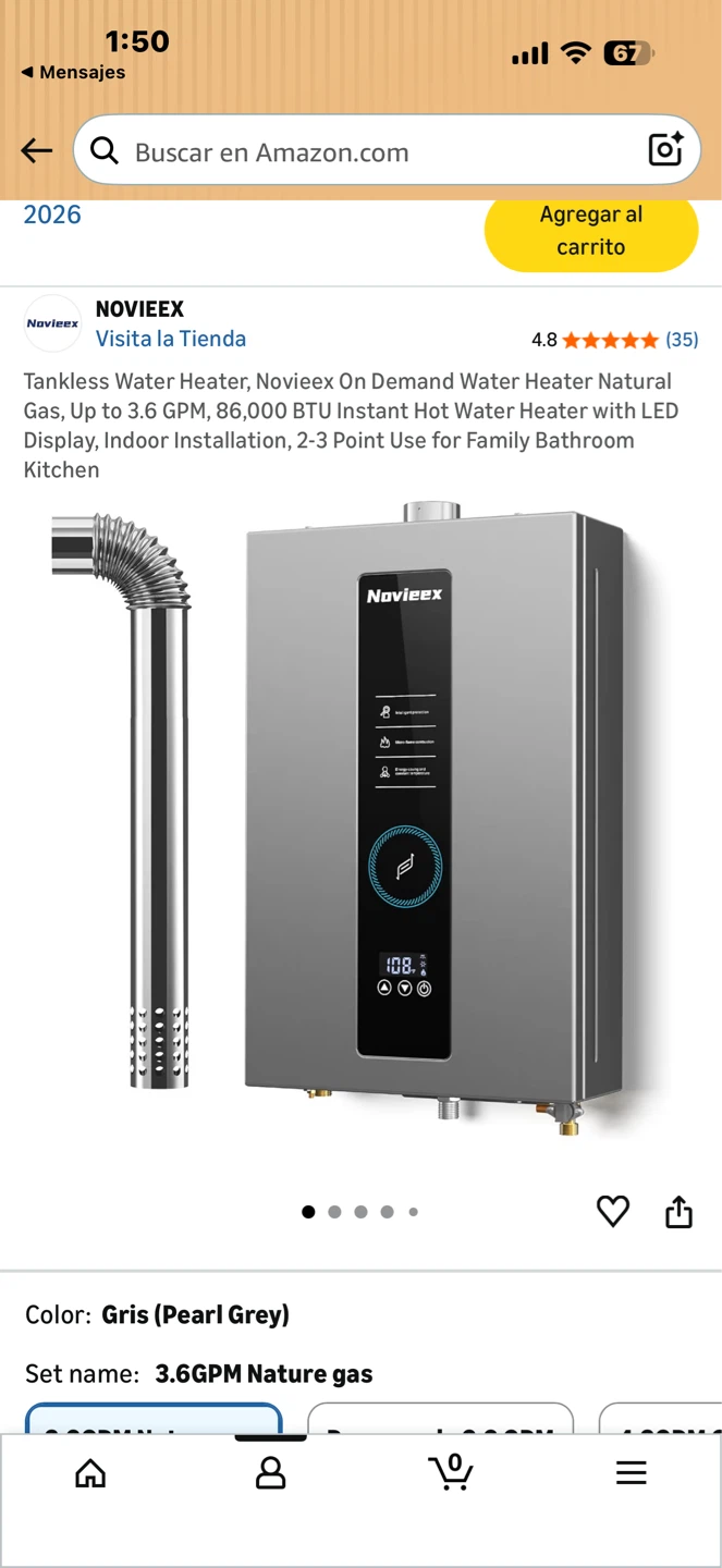 Novieex On Demand Tankless Water Heater - 3.6 GPM Natural Gas