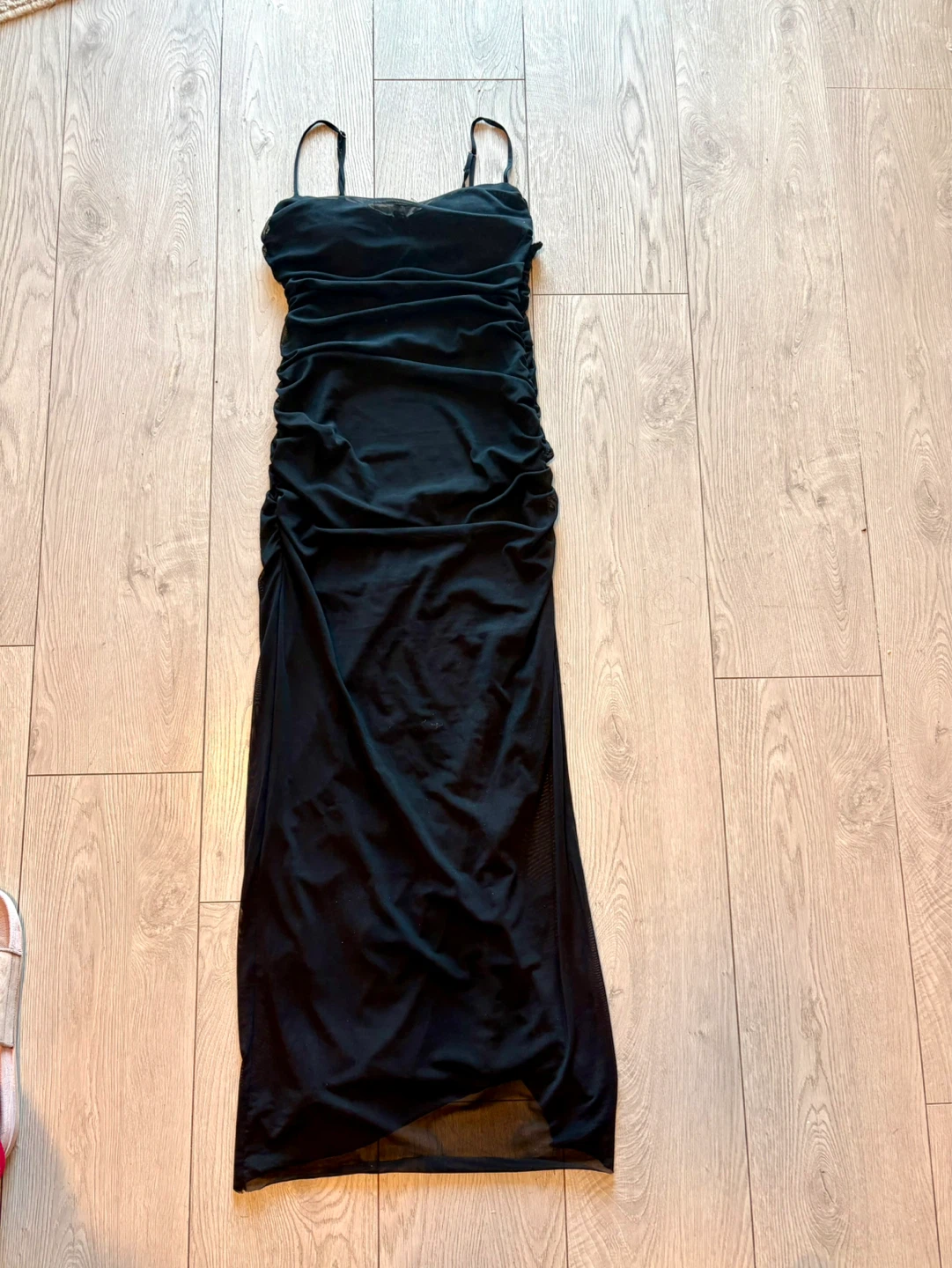 Black Ruched Mesh Maxi Dress