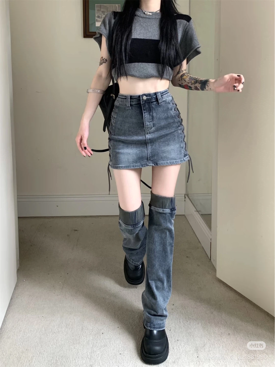 Denim Lace-Up Mini Skirt and Leggings cover Set - photo 4