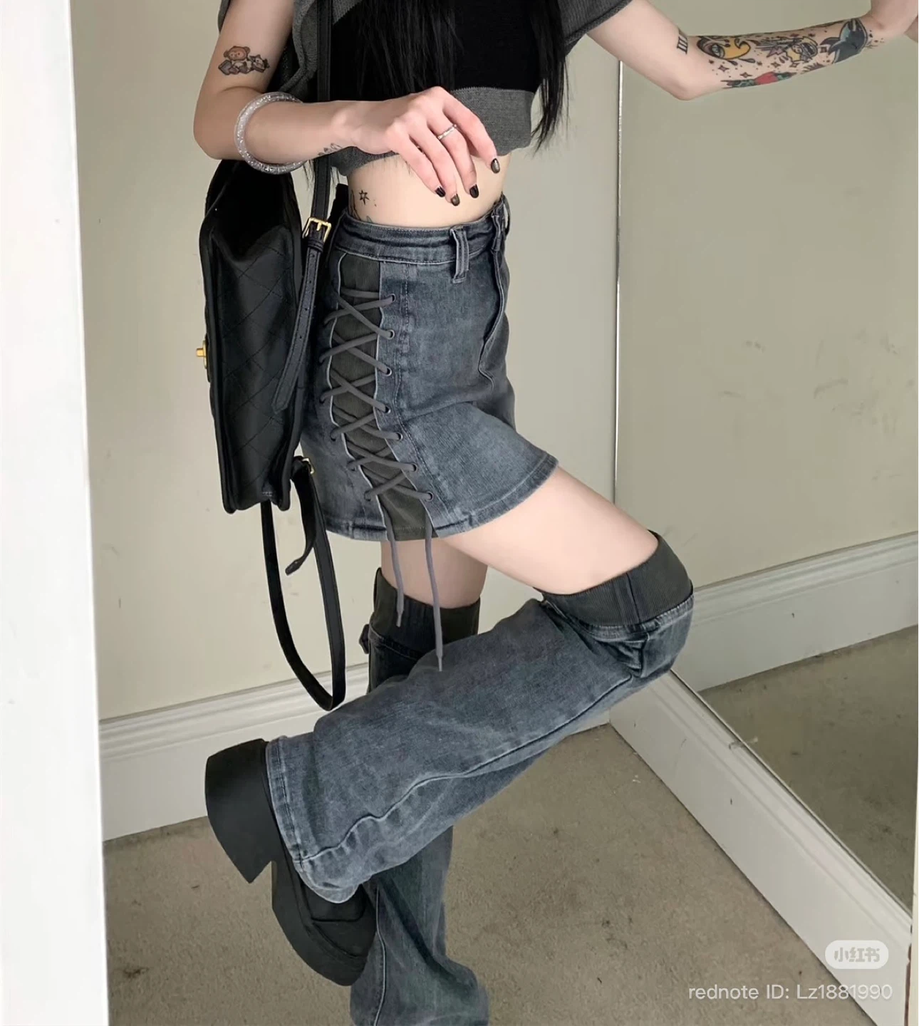 Denim Lace-Up Mini Skirt and Leggings cover Set