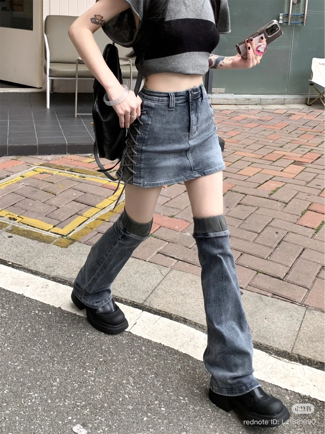 Denim Lace-Up Mini Skirt and Leggings cover Set - photo 3