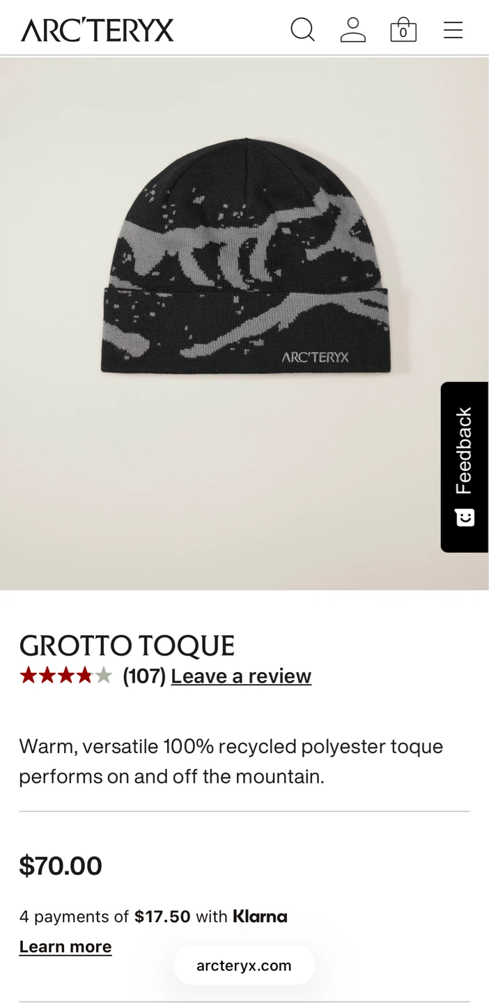 Arc'teryx Grotto Toque Hat Black Grey