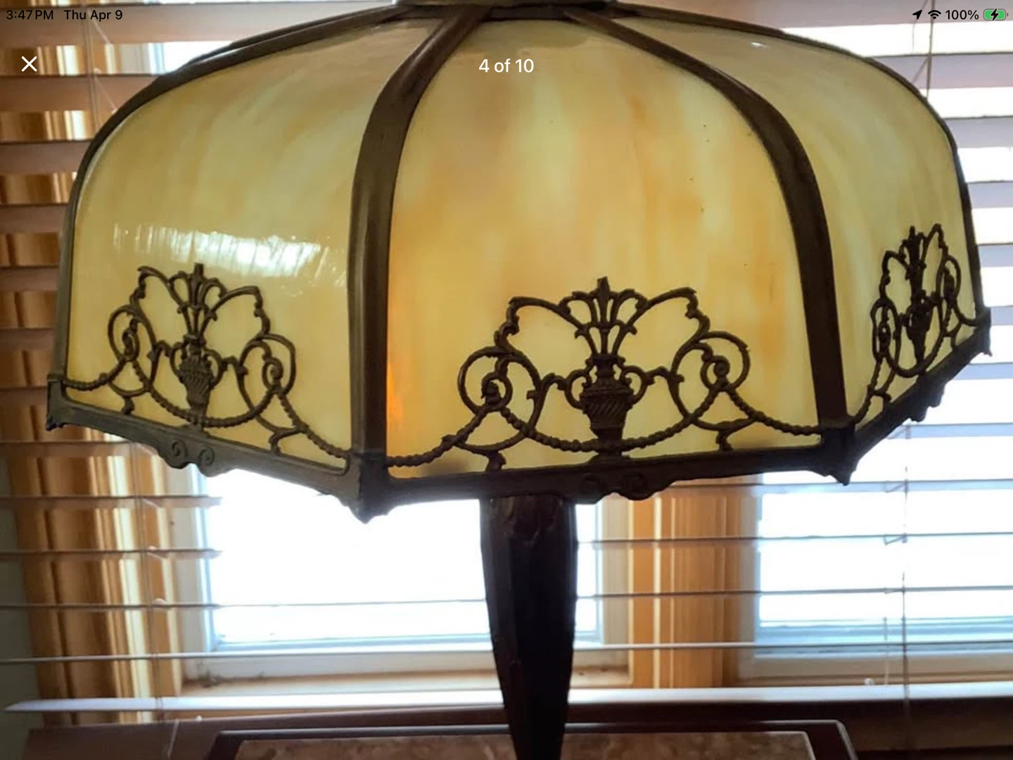 Art Nouveau Lg 6 Panel Double Lit Bent Slag Glass Lamp - photo 4