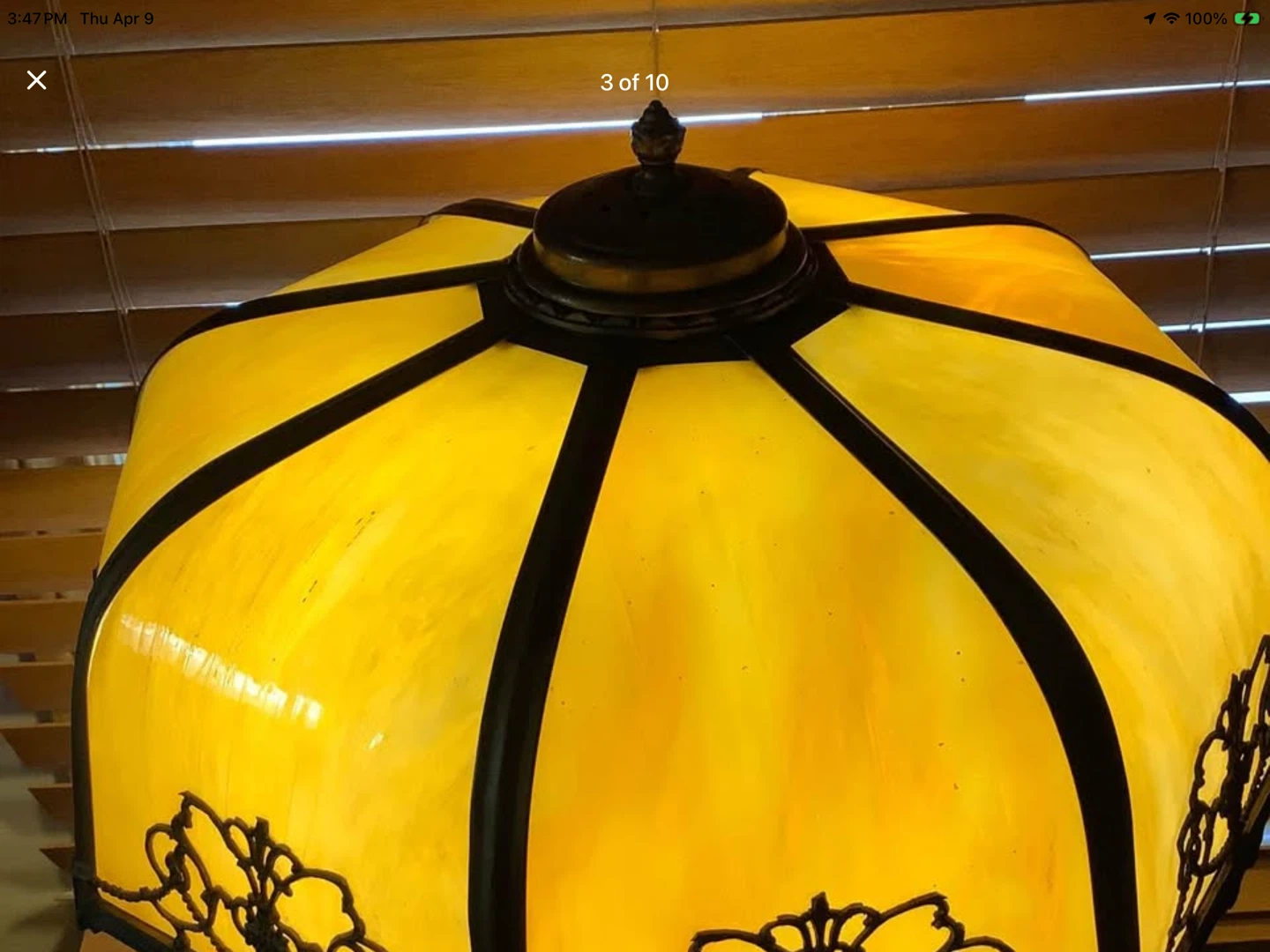 Art Nouveau Lg 6 Panel Double Lit Bent Slag Glass Lamp - photo 2