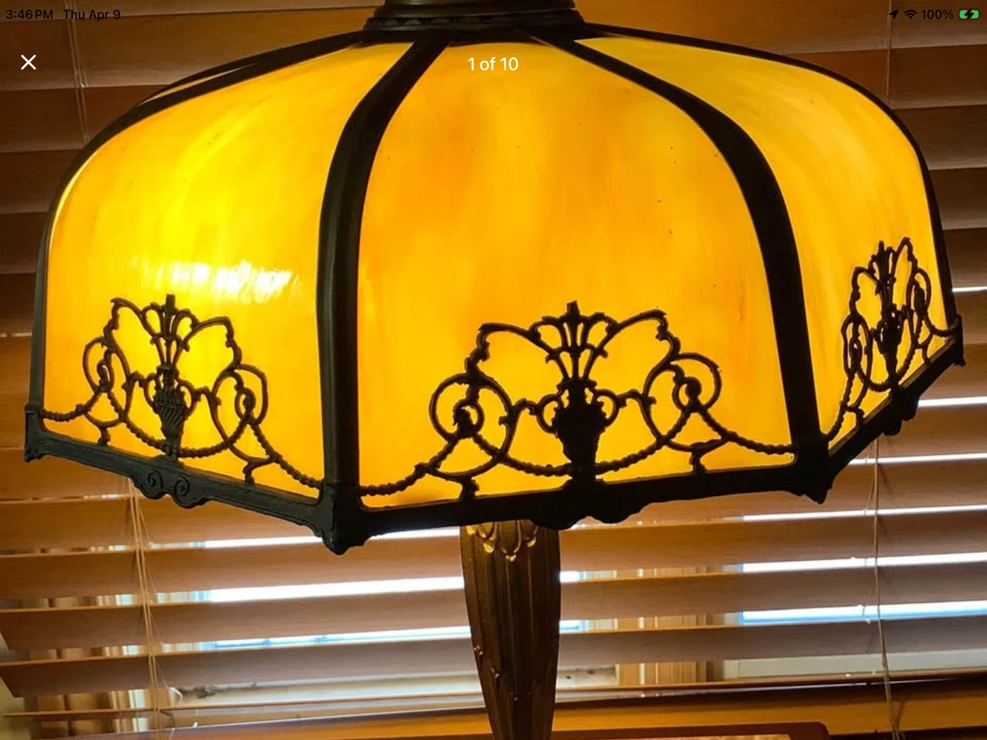 Art Nouveau Lg 6 Panel Double Lit Bent Slag Glass Lamp - photo 5