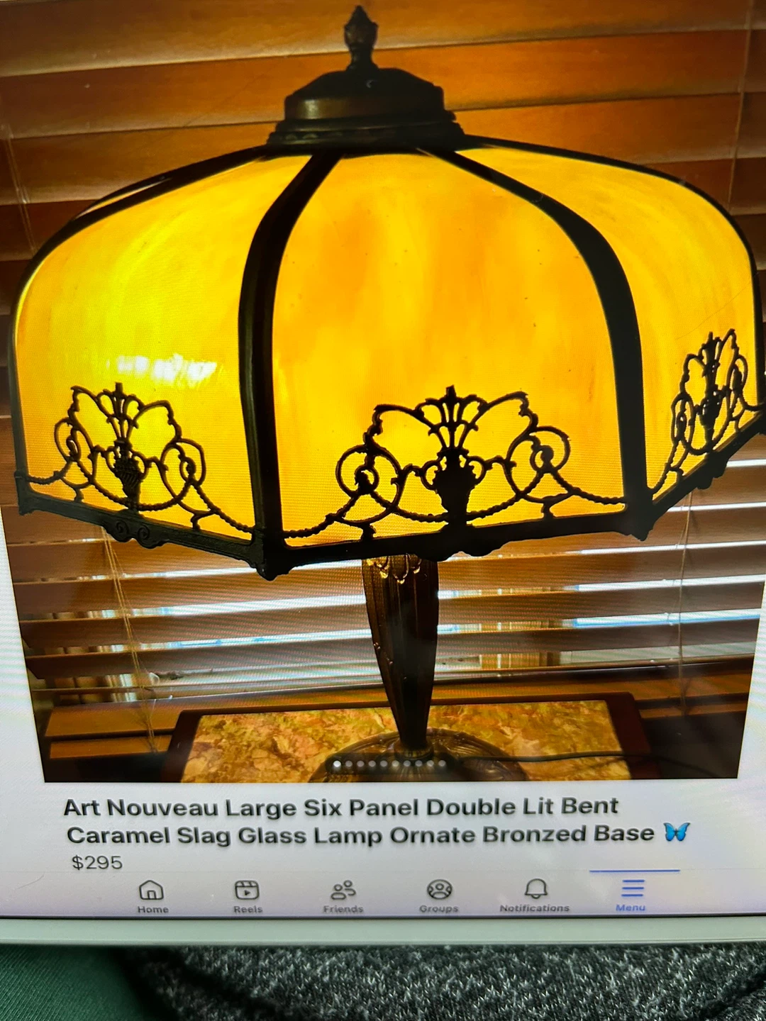 Art Nouveau Lg 6 Panel Double Lit Bent Slag Glass Lamp
