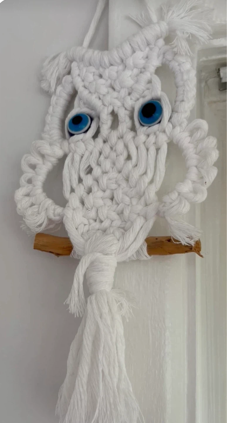 White Macrame Owl Wall Hanging with Blue Eyes - photo 5