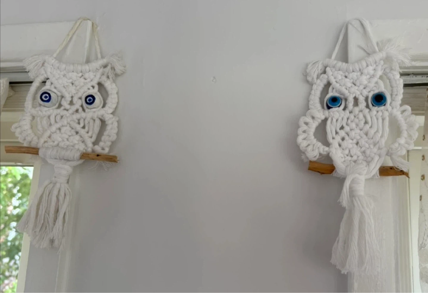 White Macrame Owl Wall Hanging with Blue Eyes - photo 4