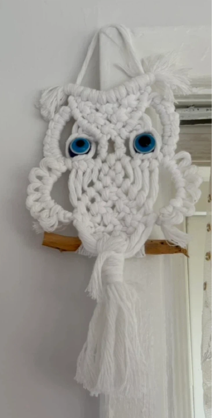 White Macrame Owl Wall Hanging with Blue Eyes - photo 3