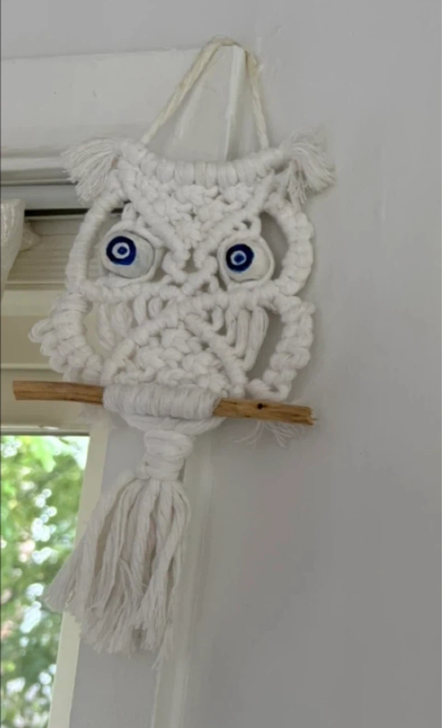 White Macrame Owl Wall Hanging with Blue Eyes - photo 2