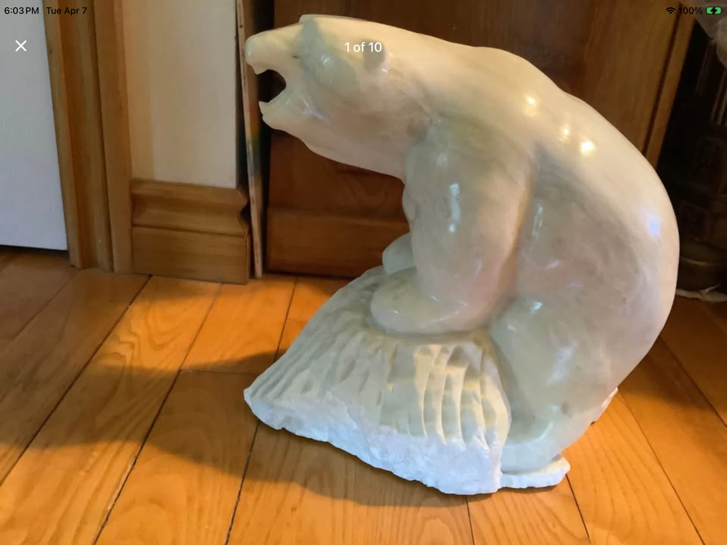 Lg Vtg Hd Carved White Marble Polar Bear Sculpture