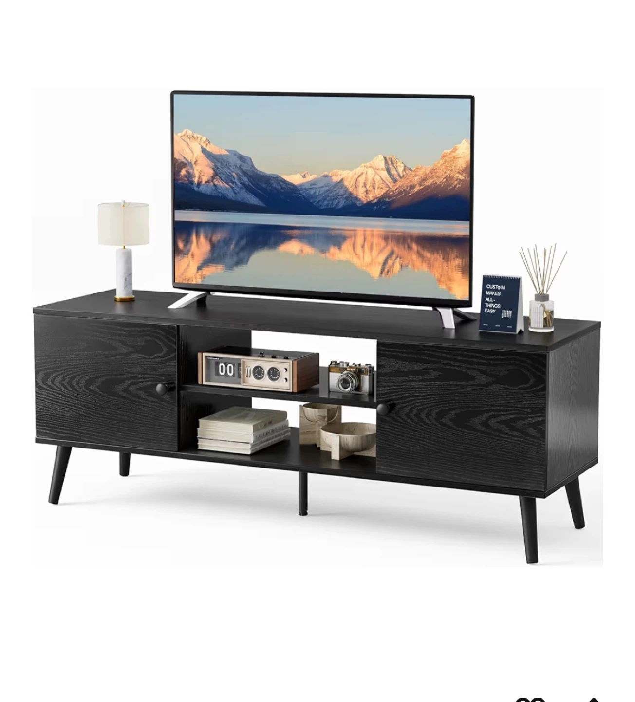 Black Wood Grain TV Stand Media Console with Storage
