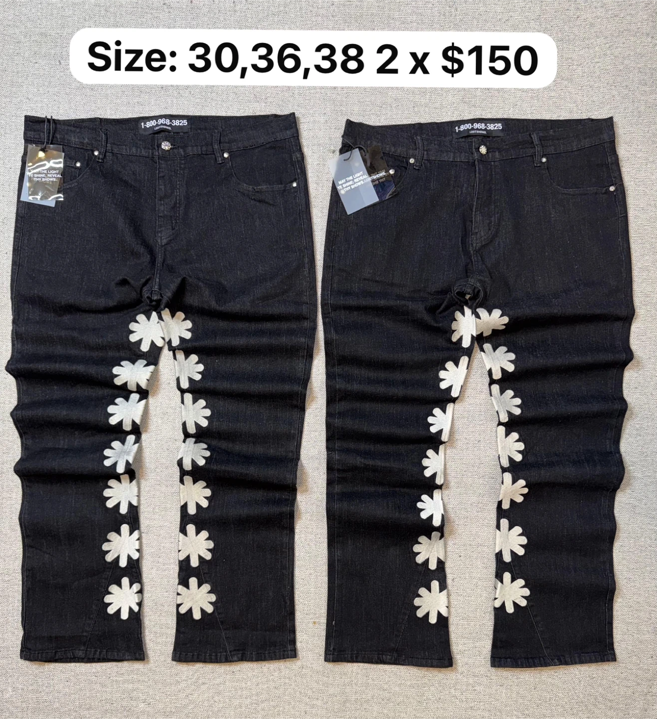 Black Jeans with White Flower Appliques - Sizes 30, 36, 38