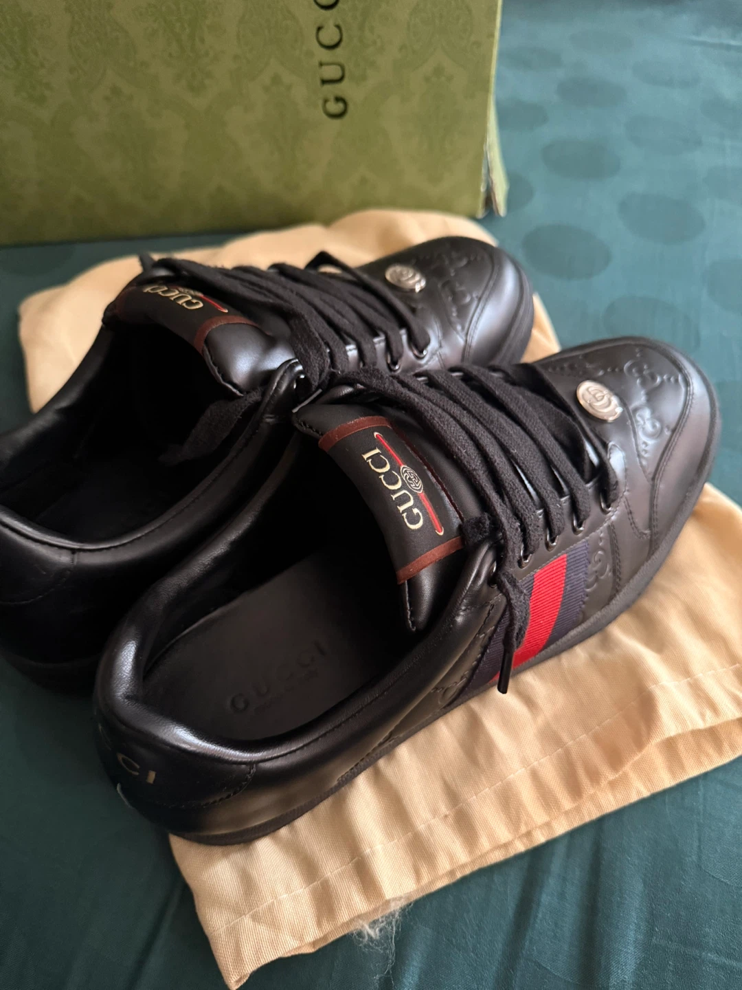 Gucci men’s Black Leather Sneakers size (10.5) - photo 2