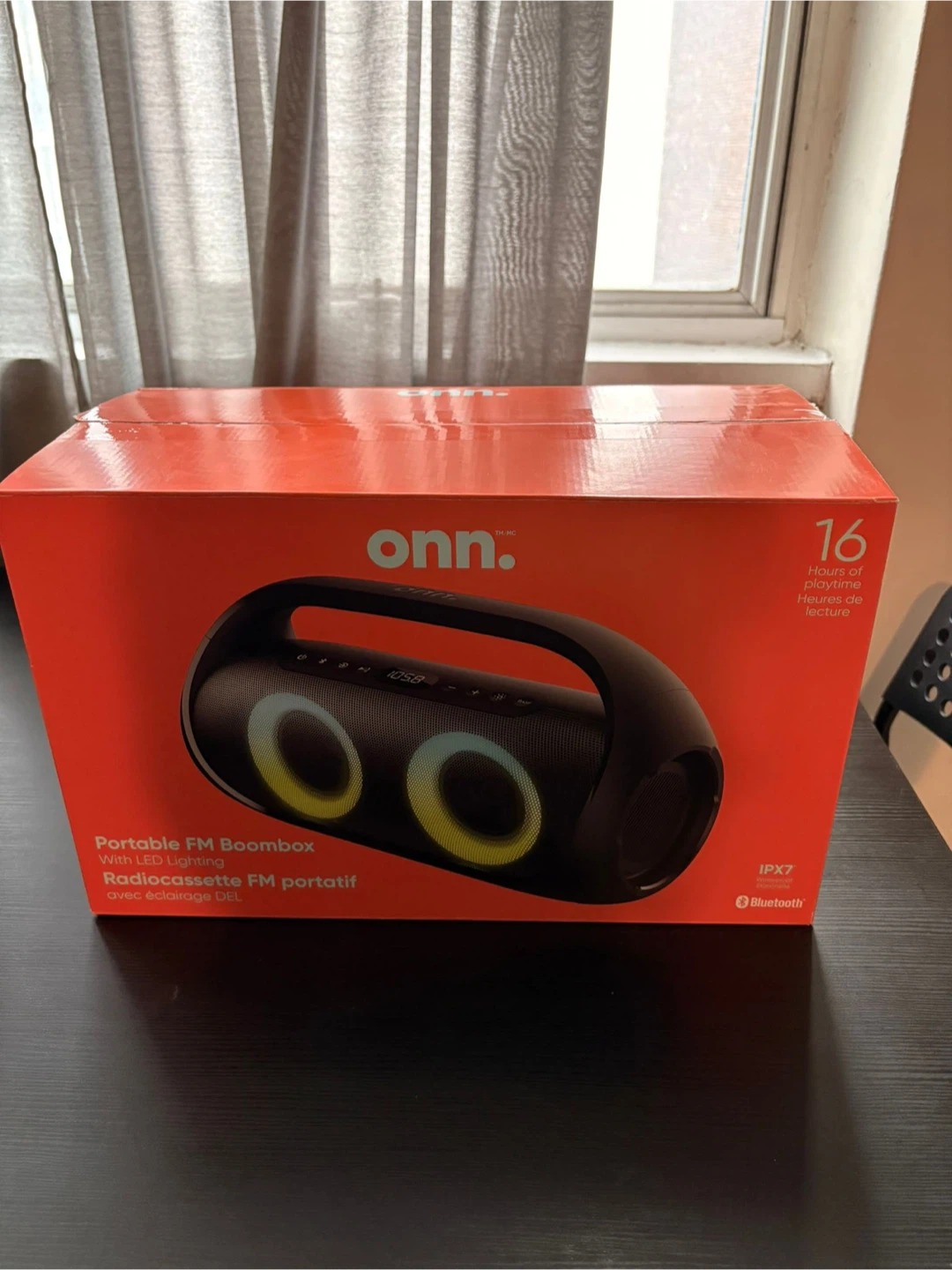 Onn. Portable FM Boombox with LED Lighting