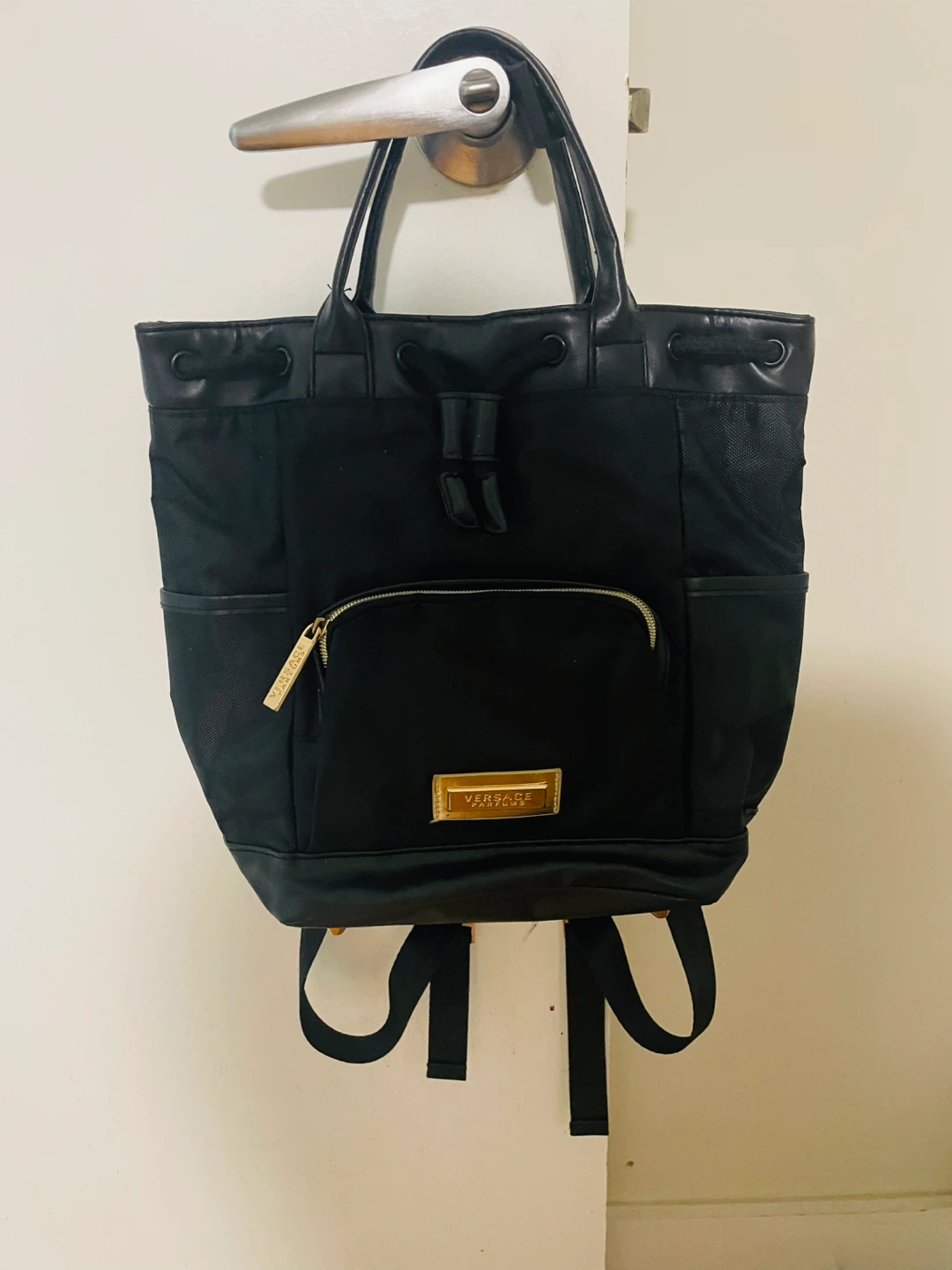 Versace Black Nylon & Leather Backpack Tote