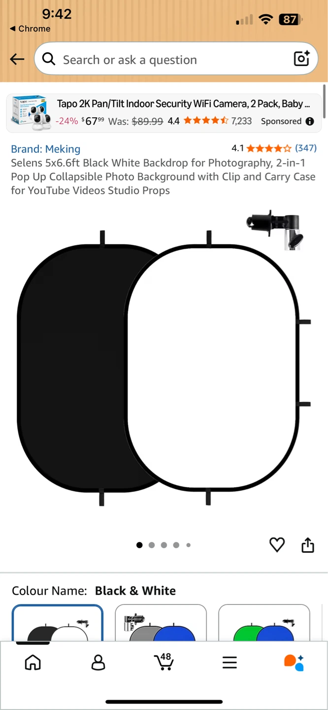 Selens 5x6.6ft Black & White Collapsible Backdrop