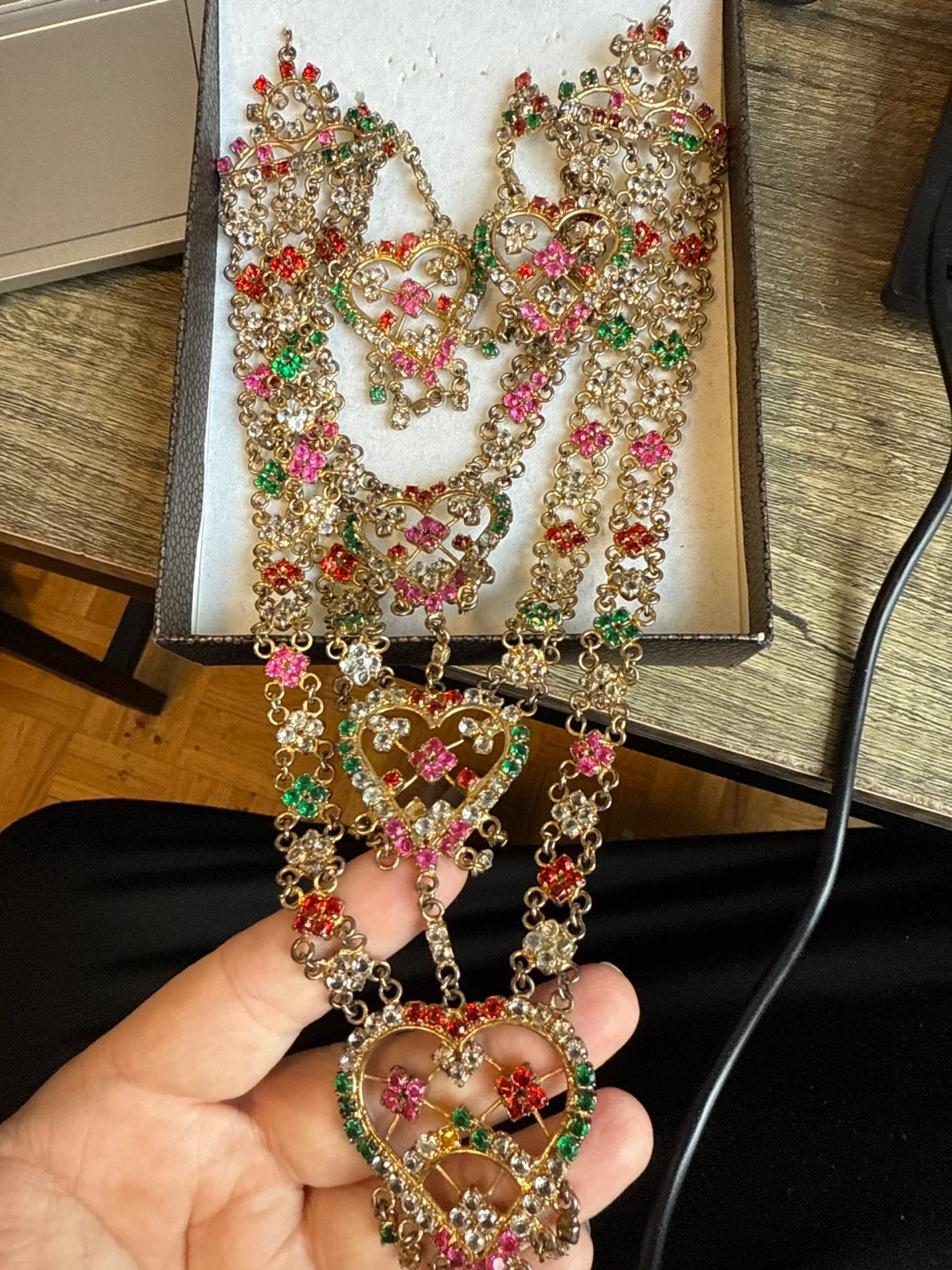 Gold Tone Necklace with Rhinestones and Heart Pendants