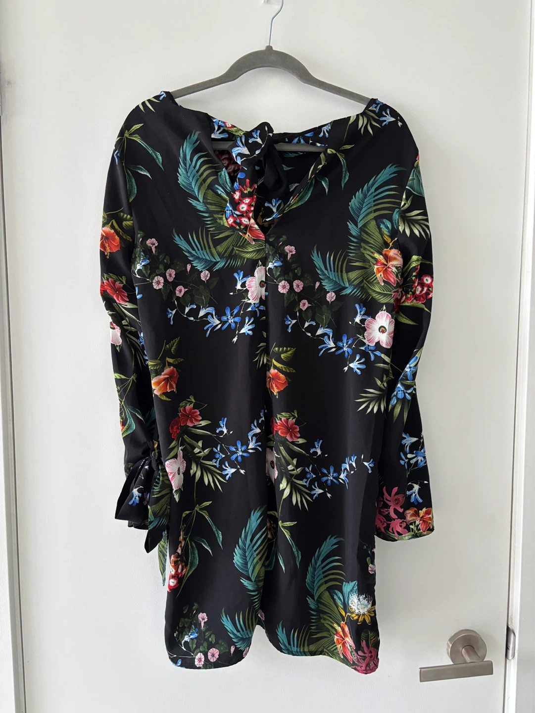 Dex Black Floral Print Dress with Tie Sleeves Size S - photo 2