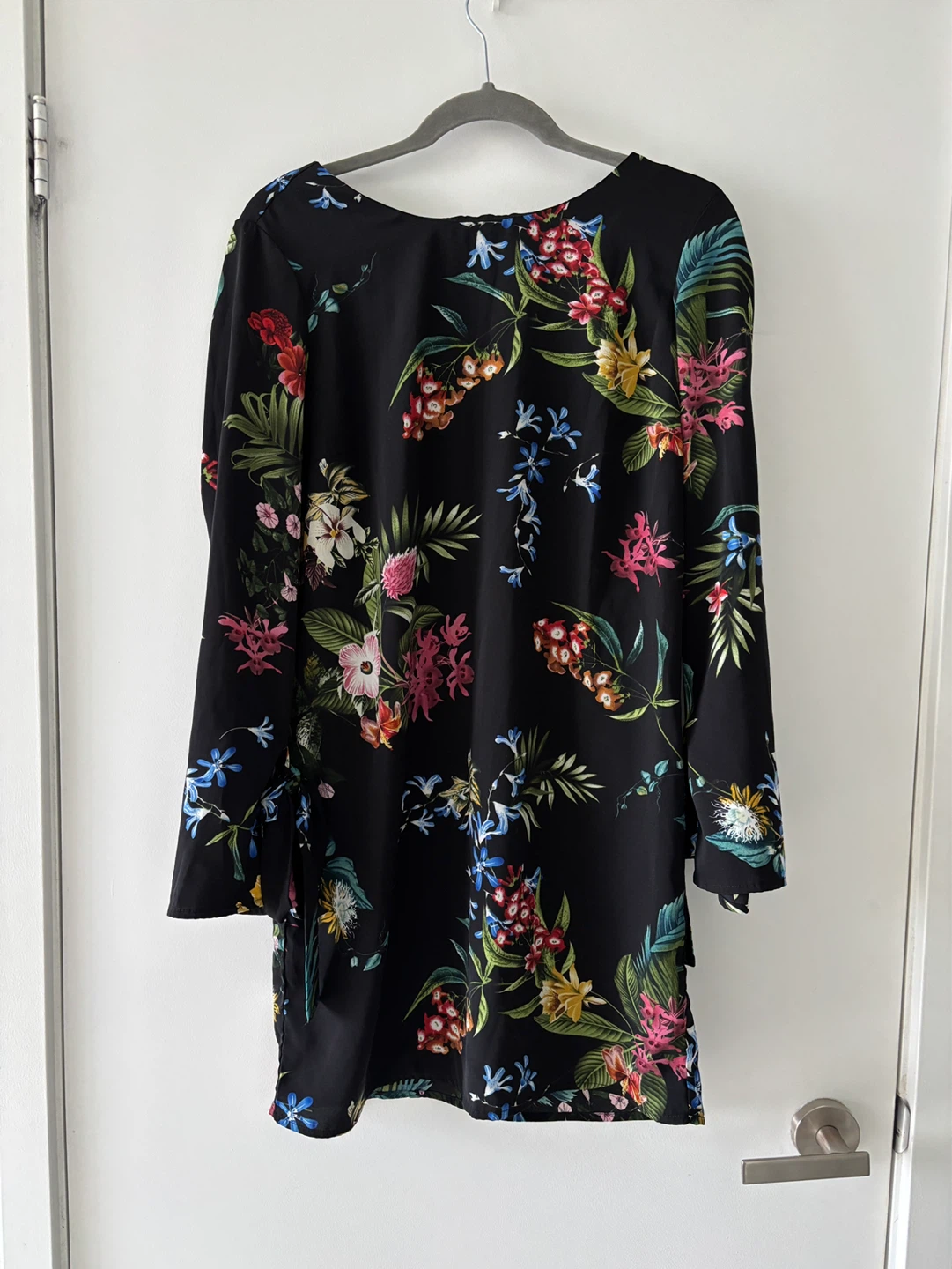 Dex Black Floral Print Dress with Tie Sleeves Size S