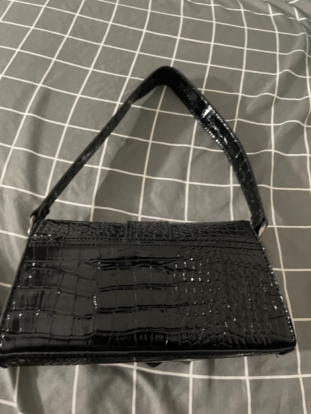 Black Croc Embossed Shoulder Bag