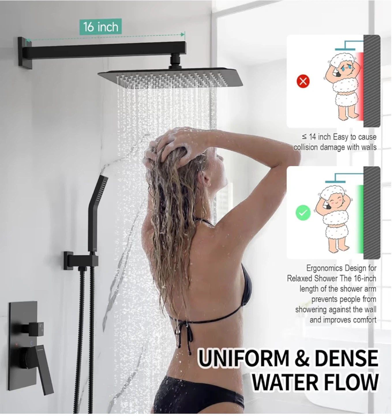 16 Inch Matte Black Rainfall Shower Head Set with Handheld Wand - photo 3