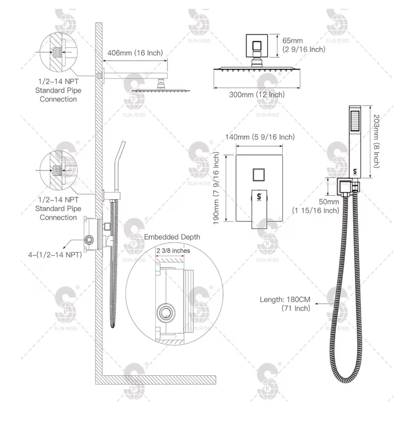 16 Inch Matte Black Rainfall Shower Head Set with Handheld Wand - photo 2