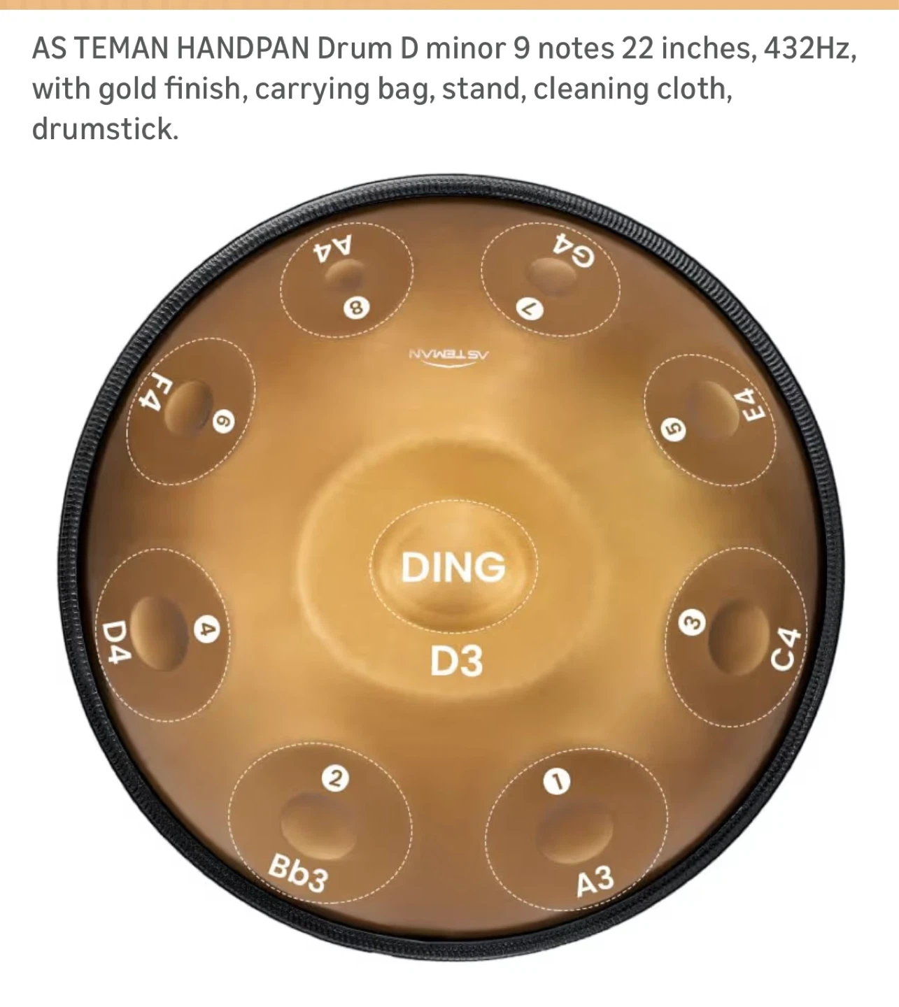 AS TEMAN Handpan Drum 9 Notes 22 inch