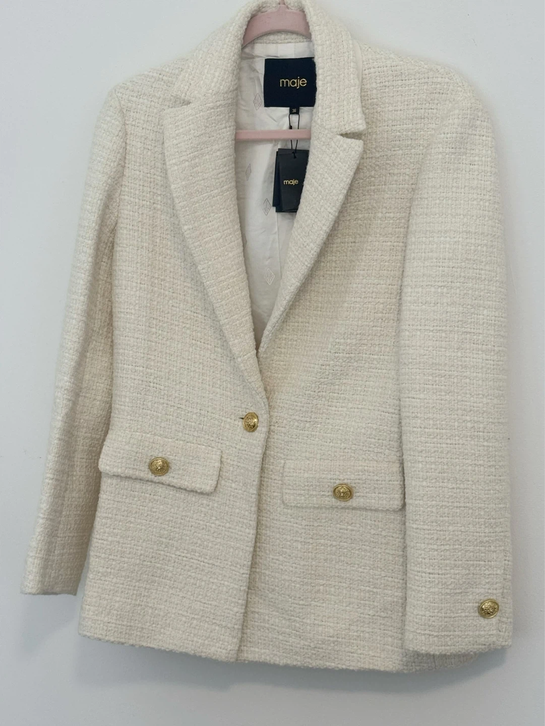 NEW MAJE White Tweed Blazer with Gold Buttons