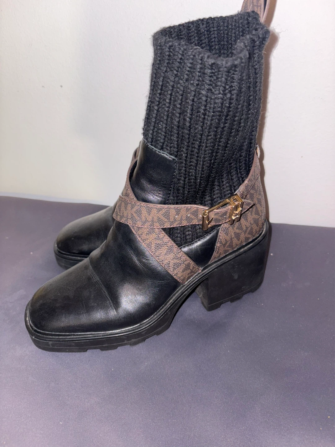 Michael Kors Black Leather Knit Ankle Boots