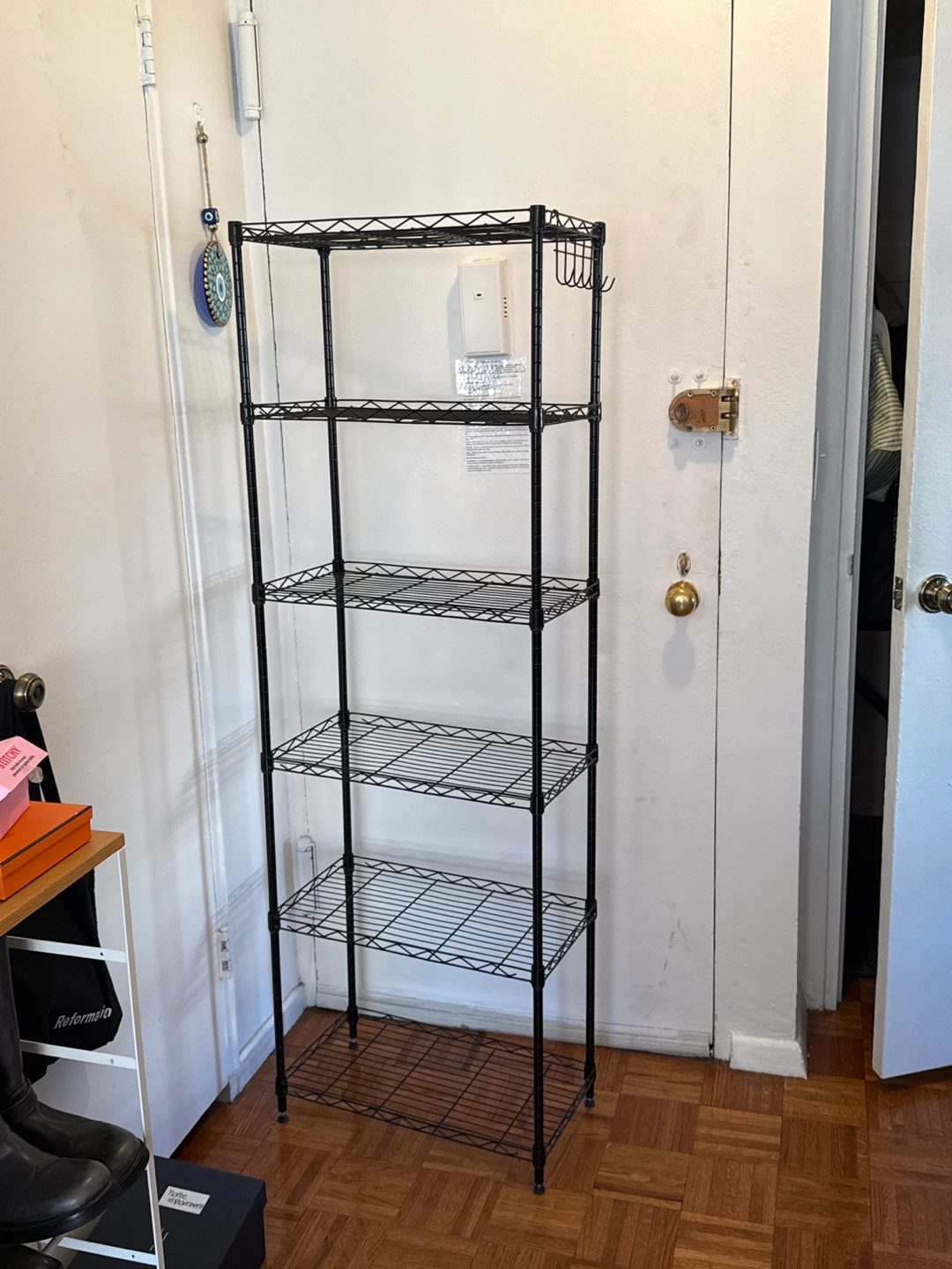 Black Metal Wire Shelving Unit with Hooks