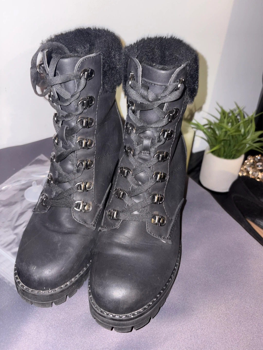 Black Faux Fur Lined Lace-Up Heeled Boots - photo 2