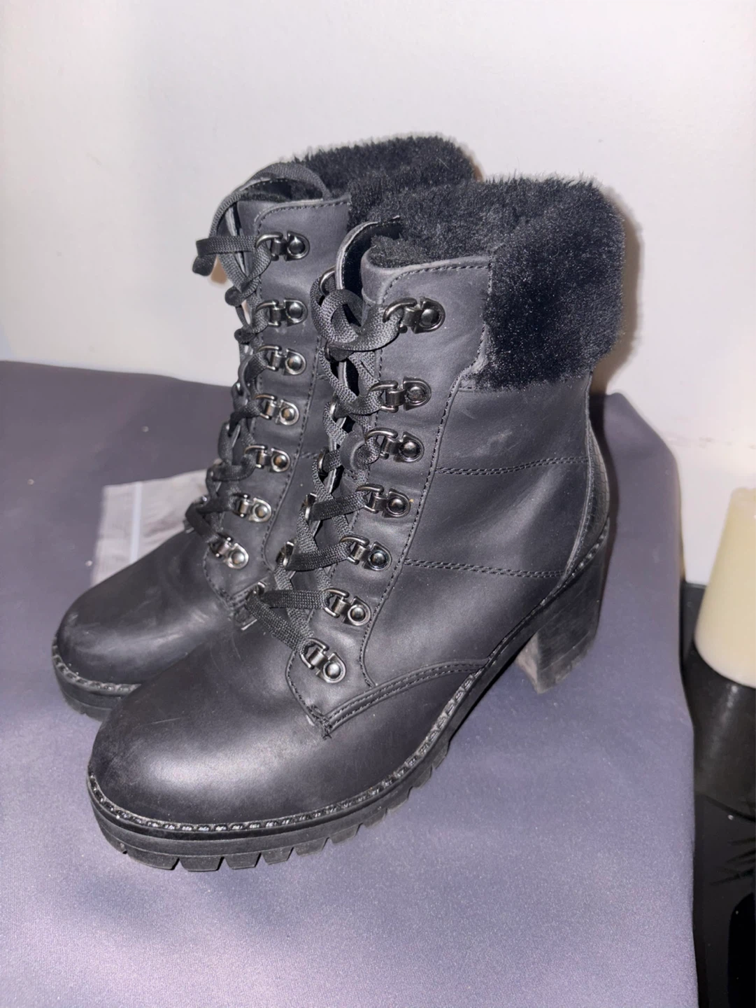 Black Faux Fur Lined Lace-Up Heeled Boots