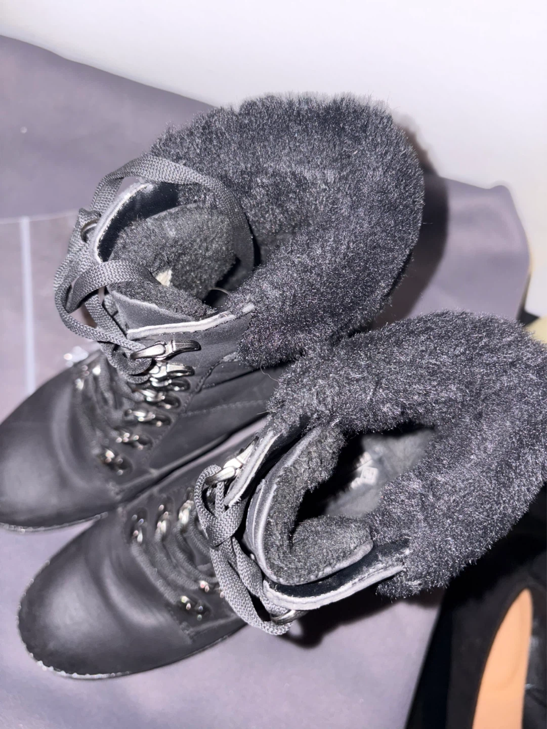 Black Faux Fur Lined Lace-Up Heeled Boots - photo 3