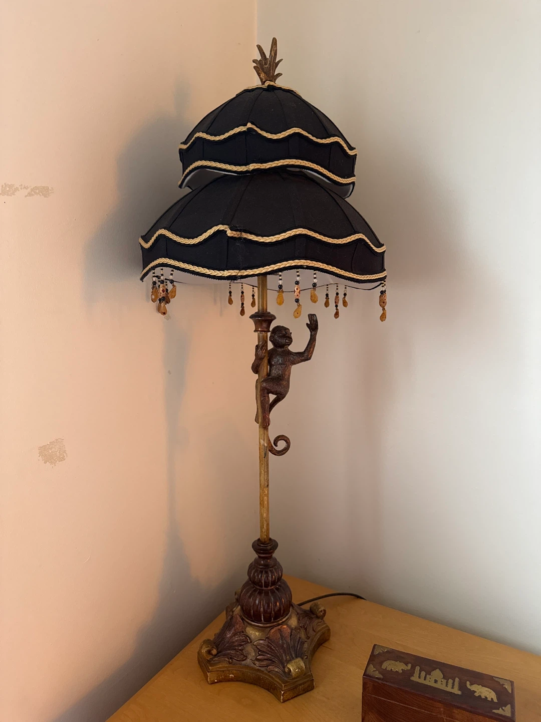 Vintage Monkey Table Lamp with Black Pagoda Shade