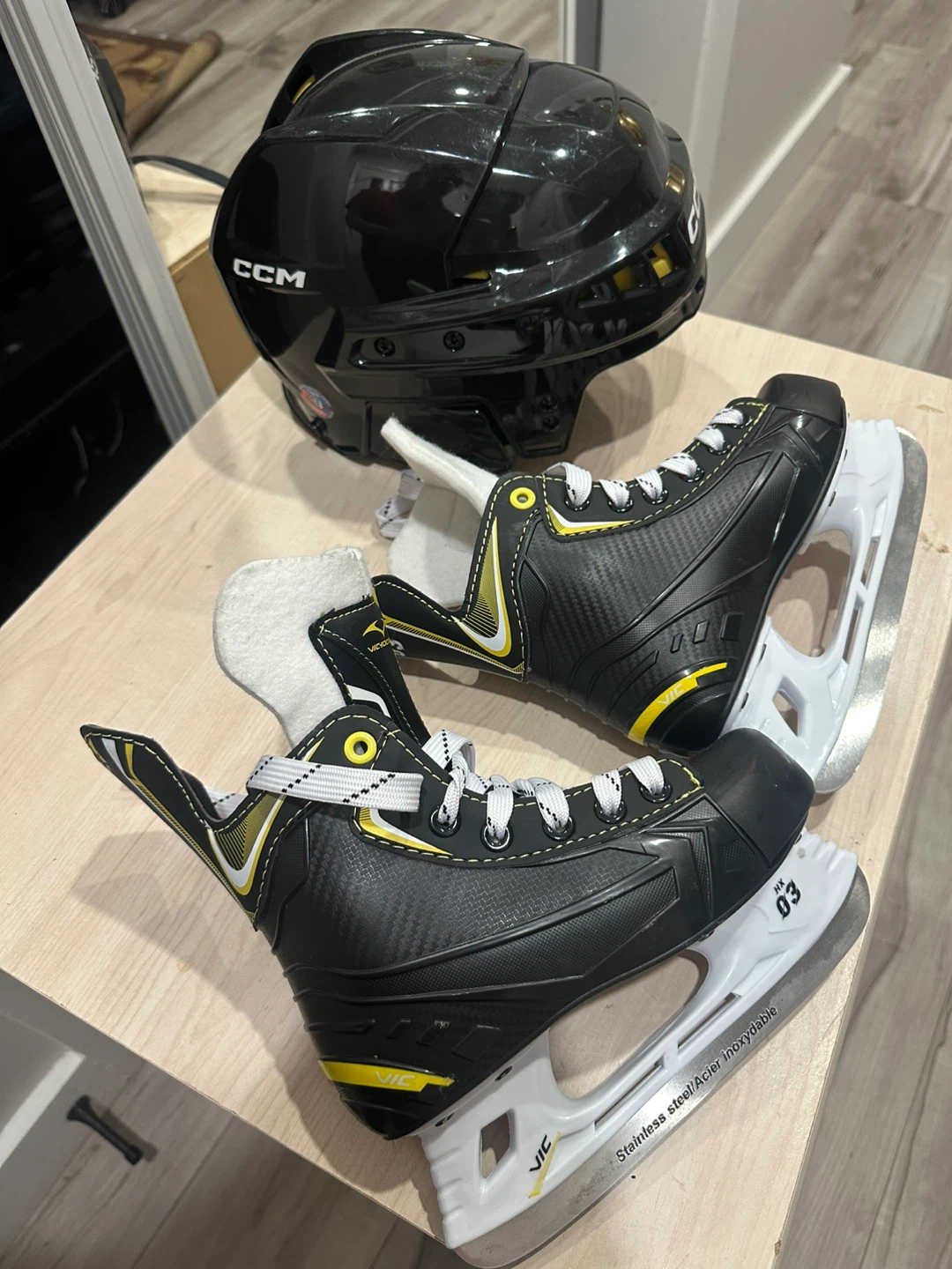 CCM Hockey Helmet and VicHockey Skates Size 1