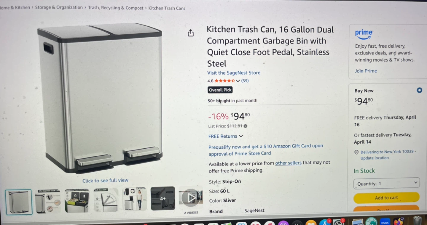 Kitchen Trash Can, 16 Gallon Dual Bin