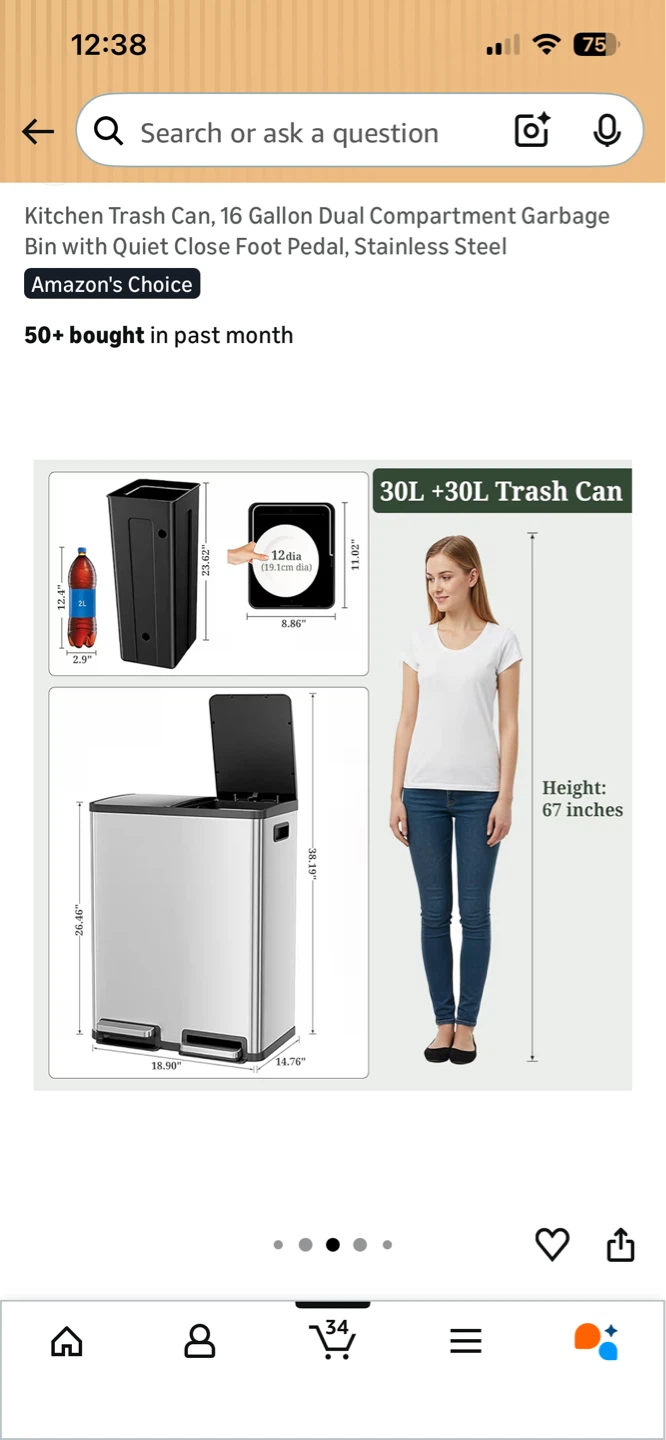 Kitchen Trash Can, 16 Gallon Dual Bin - photo 2