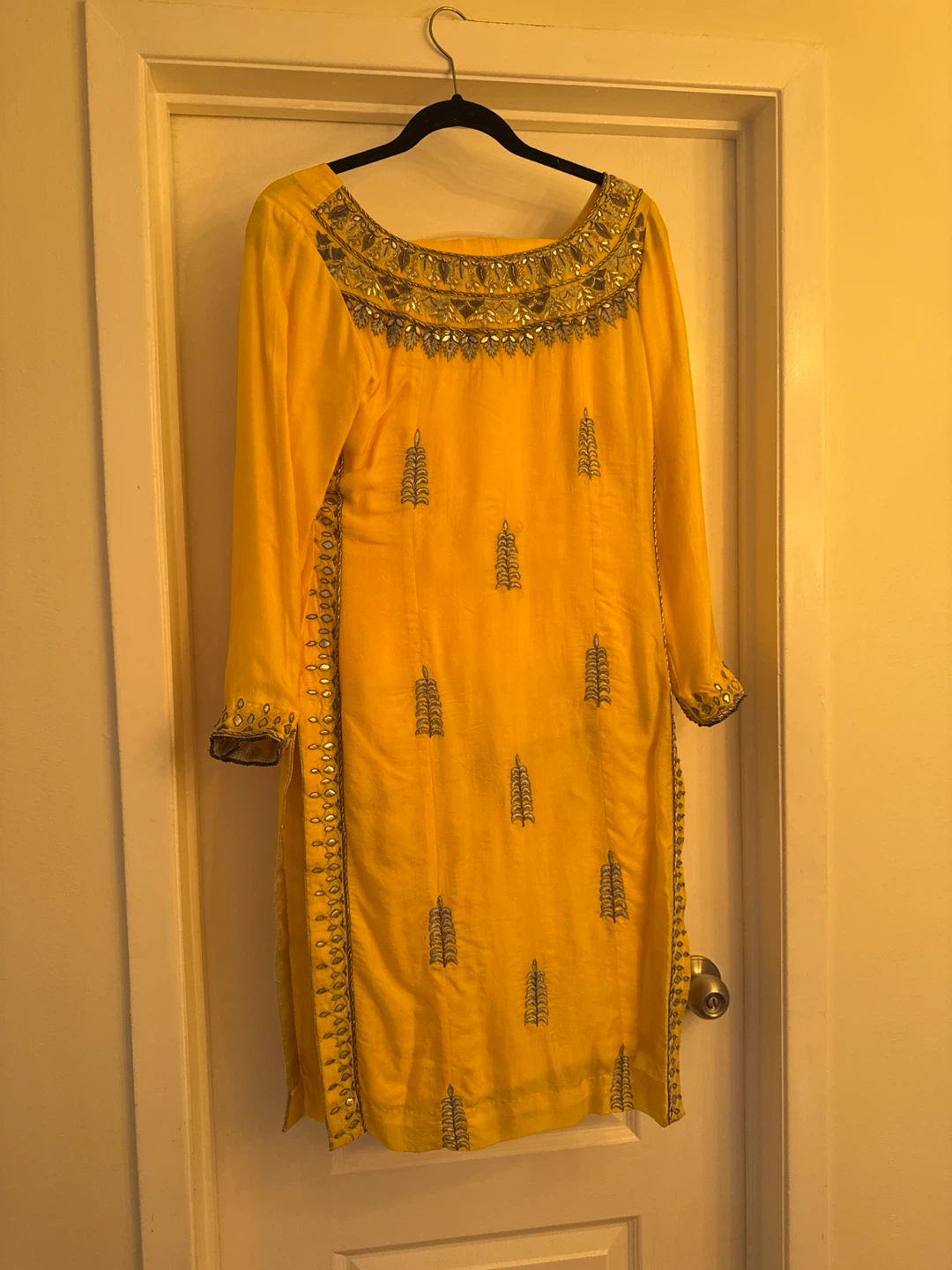 Yellow Embroidered Kurti with cigarette pants