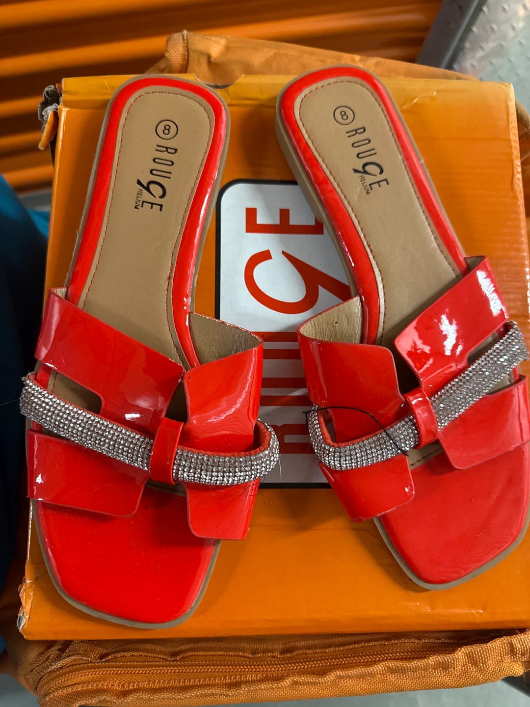 Rouge Red Patent Rhinestone Slides Sandals Size 8