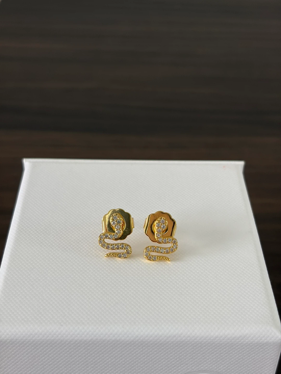 Gold Tone Snake Stud Earrings with Crystals