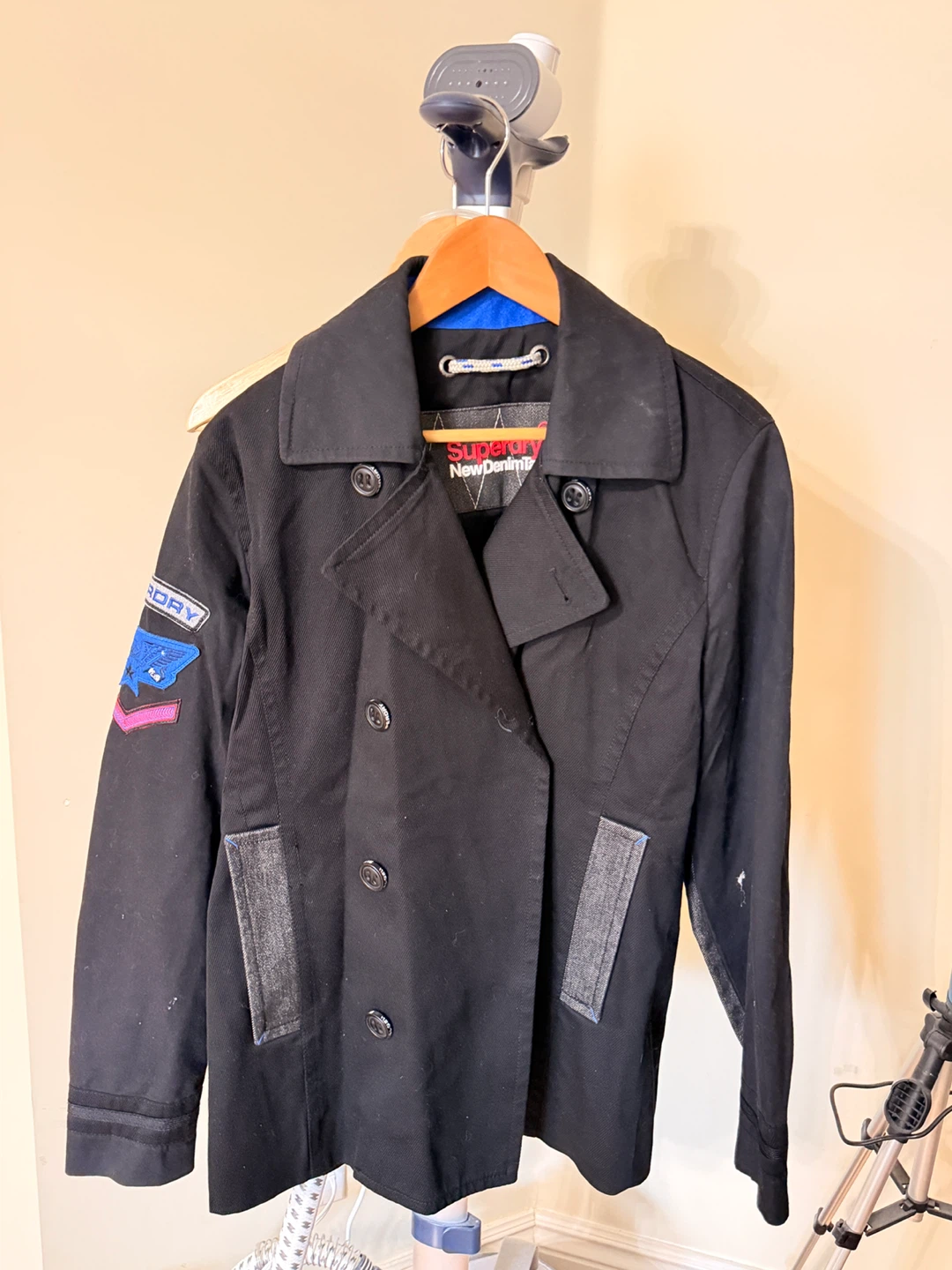 Superdry Black Pea Coat with Patches