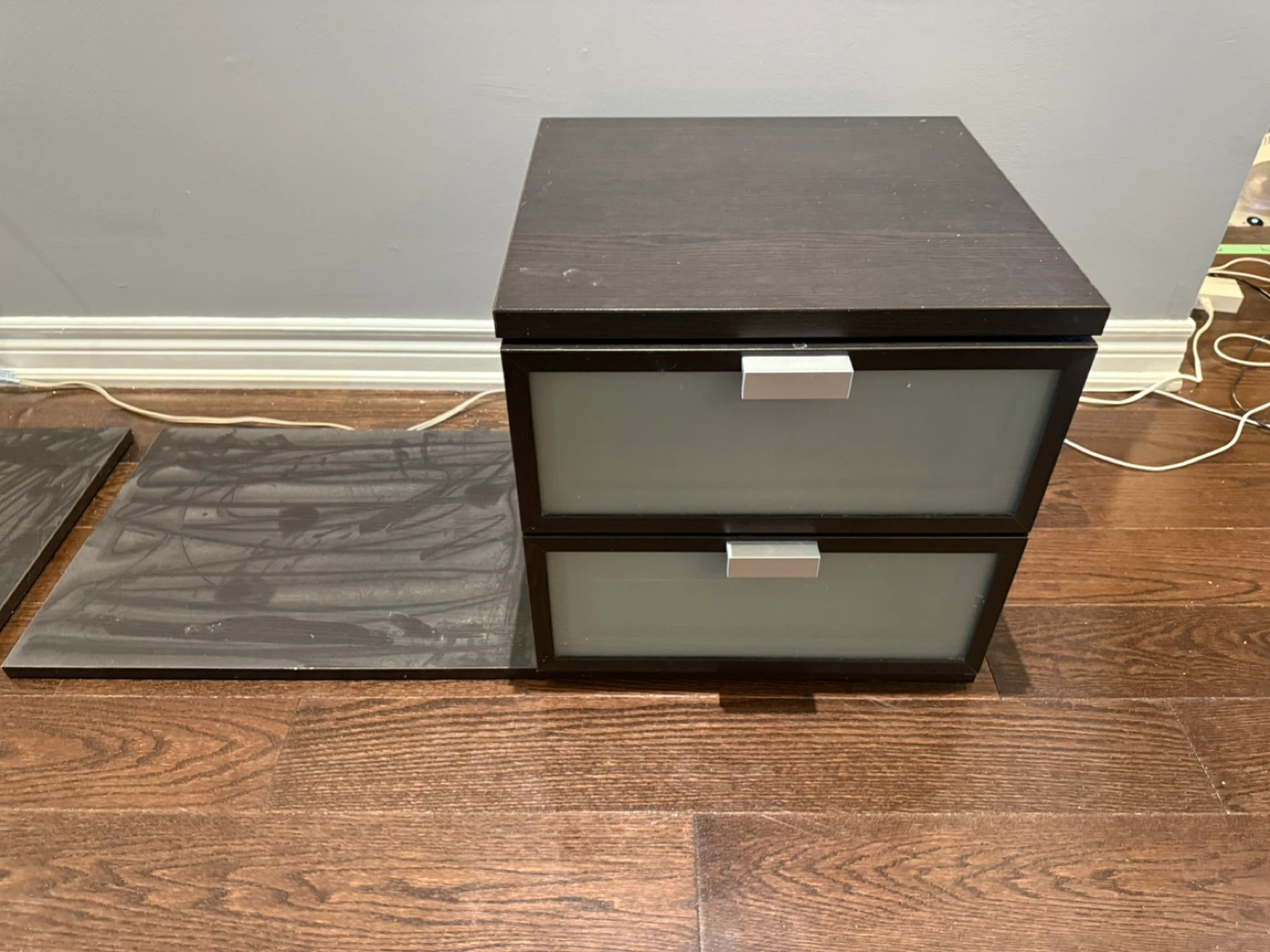 2 Dark Brown Bedside Storage Cabinets Frosted Glass Drawers - photo 4