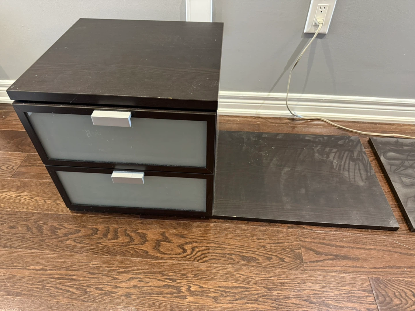 2 Dark Brown Bedside Storage Cabinets Frosted Glass Drawers - photo 3